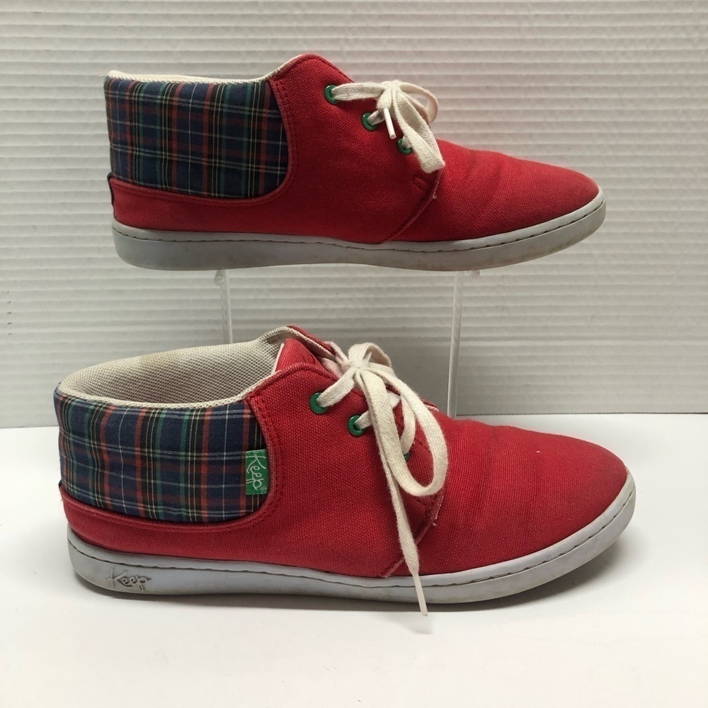 Keep red 2 tone plaid lace up high top sneakers